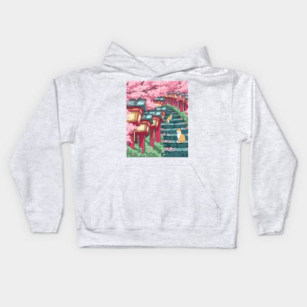 The Japanese shrine, cats, and pink sakura blossom Kids Hoodie by AnGo